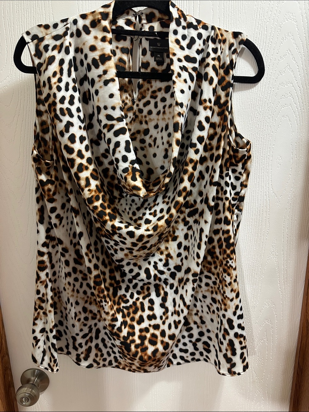 Worthington Leopard Print Cowl Neck Sleeveless Top - White/Brown/Black